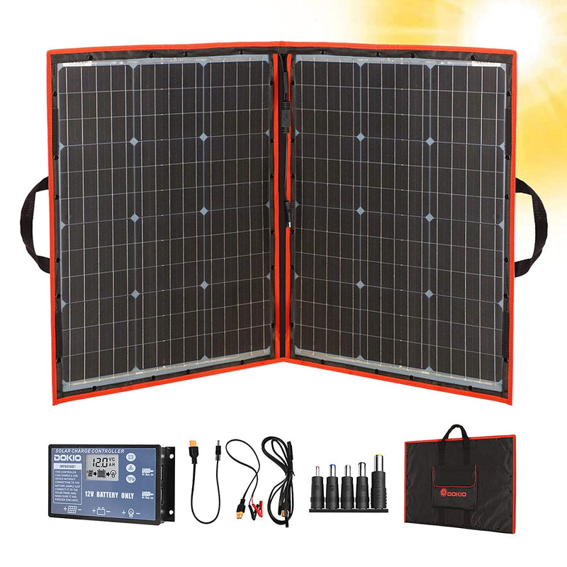 Dokio 100W 18V PORTABLE FOLDABLE Solar Panel Kit (21x28inch, 5.9lb) Monocrystalline(HIGH Efficiency) with CONTROLLER 2 USB Output to Charge 12V Batteries (All Types: Vented AGM Gel) RV Camper Boat - NOS